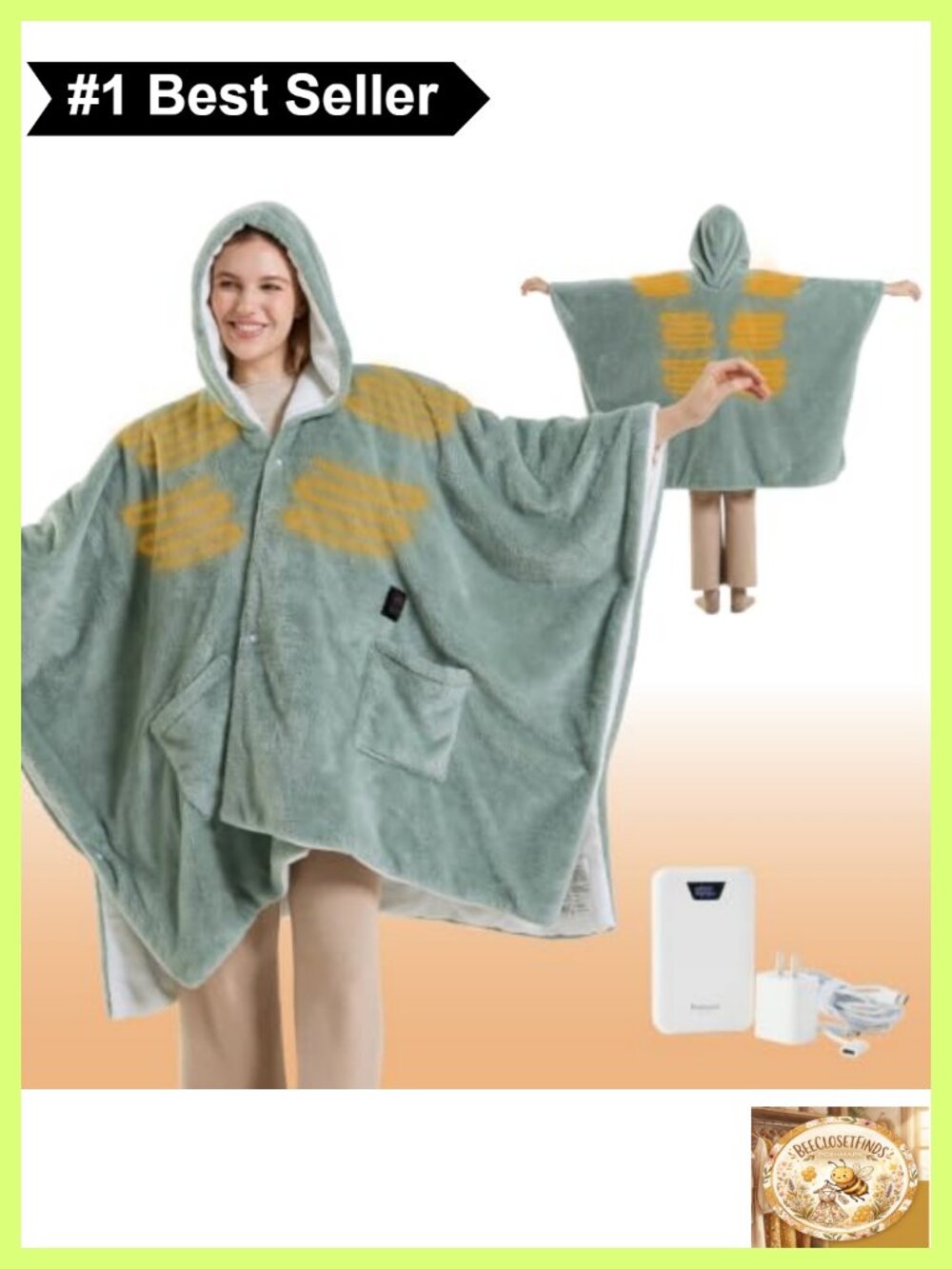 Cordless Wearable Heated Blanket Hoodie Shawl 200 GSM Fleece